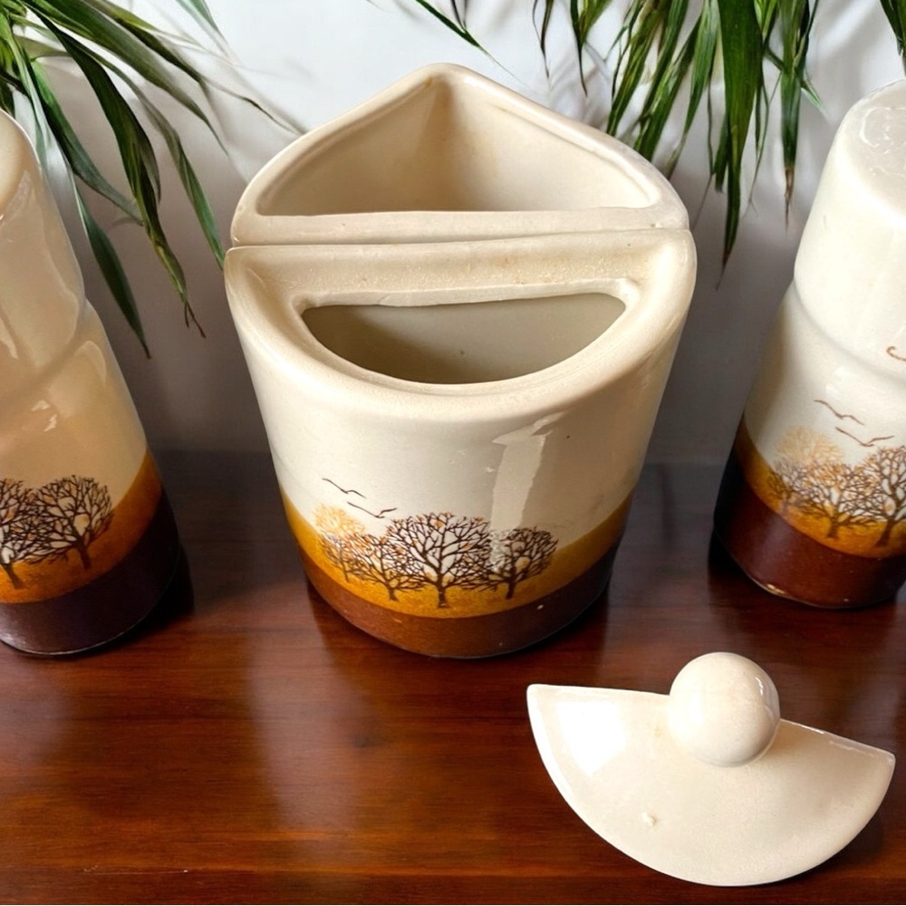 VINTAGE Brown Ceramic Salt, Pepper, Sugar, and Creamer Set with Tree Design - Picture 2 of 7